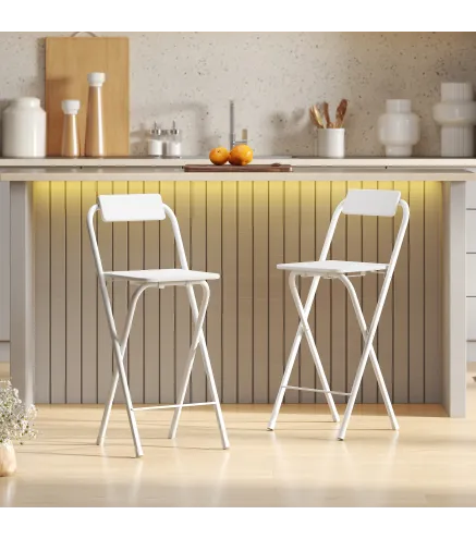 Juego de 2 Taburetes de Bar Plegables con Respaldo Reposapiés y Marco de Acero para Comedor Mostrador Blanco