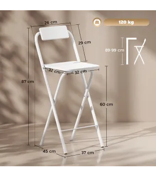 Juego de 2 Taburetes de Bar Plegables con Respaldo Reposapiés y Marco de Acero para Comedor Mostrador Blanco