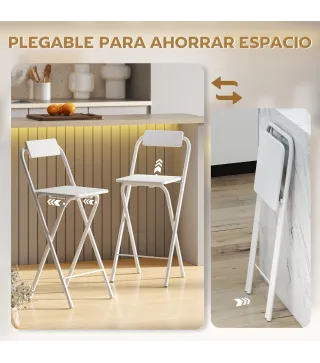 Juego de 2 Taburetes de Bar Plegables con Respaldo Reposapiés y Marco de Acero para Comedor Mostrador Blanco