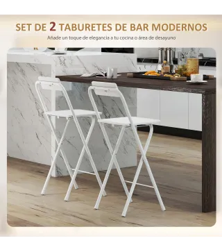 Juego de 2 Taburetes de Bar Plegables con Respaldo Reposapiés y Marco de Acero para Comedor Mostrador Blanco