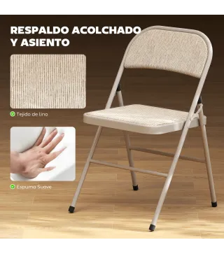 Juego de 2 Sillas Plegables Tapizadas en Lino Sintético con Respaldo y Estructura de Acero para Salón 45x46x78 cm Beige