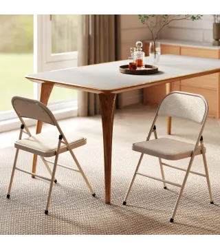 Juego de 2 Sillas Plegables Tapizadas en Lino Sintético con Respaldo y Estructura de Acero para Salón 45x46x78 cm Beige