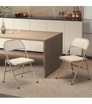 Juego de 2 Sillas Plegables Tapizadas en Lino Sintético con Respaldo y Estructura de Acero para Salón 45x46x78 cm Beige