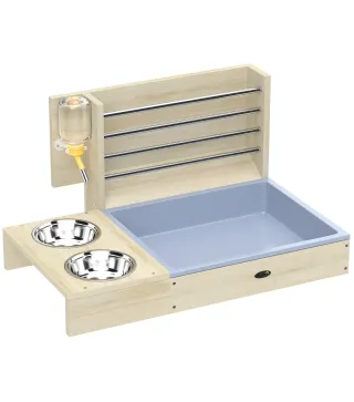 Comedero de Heno de Conejos con Bandeja Alimentador de Heno de Madera con Cuenco de Acero Inoxidable y Botella de Agua