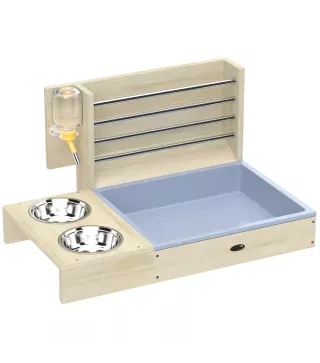 Comedero de Heno de Conejos con Bandeja Alimentador de Heno de Madera con Cuenco de Acero Inoxidable y Botella de Agua