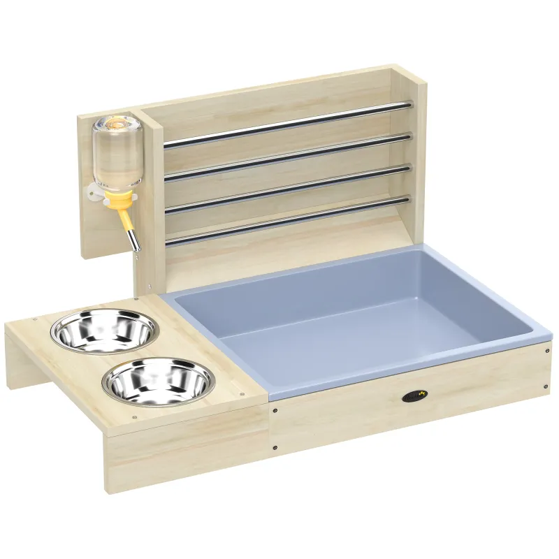 Comedero de Heno de Conejos con Bandeja Alimentador de Heno de Madera con Cuenco de Acero Inoxidable y Botella de Agua