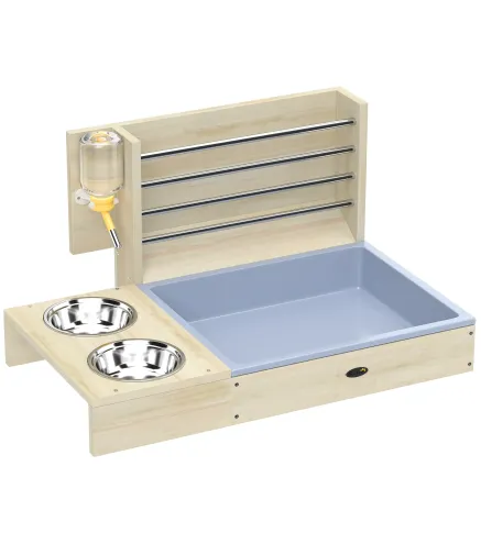 Comedero de Heno de Conejos con Bandeja Alimentador de Heno de Madera con Cuenco de Acero Inoxidable y Botella de Agua