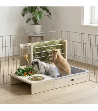 Comedero de Heno de Conejos con Bandeja Alimentador de Heno de Madera con Cuenco de Acero Inoxidable y Botella de Agua