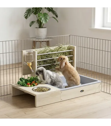 Comedero de Heno de Conejos con Bandeja Alimentador de Heno de Madera con Cuenco de Acero Inoxidable y Botella de Agua