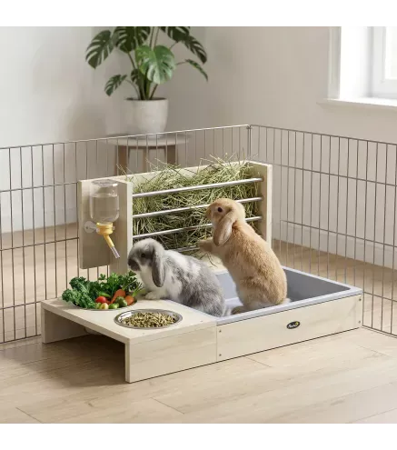Comedero de Heno de Conejos con Bandeja Alimentador de Heno de Madera con Cuenco de Acero Inoxidable y Botella de Agua