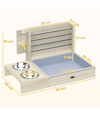 Comedero de Heno de Conejos con Bandeja Alimentador de Heno de Madera con Cuenco de Acero Inoxidable y Botella de Agua