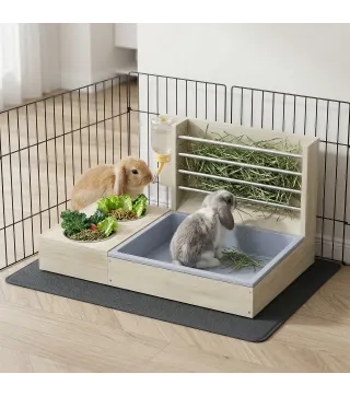 Comedero de Heno de Conejos con Bandeja Alimentador de Heno de Madera con Cuenco de Acero Inoxidable y Botella de Agua