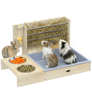 Comedero de Heno de Conejos con Bandeja Alimentador de Heno de Madera con Cuenco de Acero Inoxidable y Botella de Agua