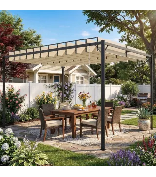 Pérgola de Jardín 3x4 m con Protección UPF 50+ Gazebo con Techo Ajustable Estructura de Metal para Exterior Crema