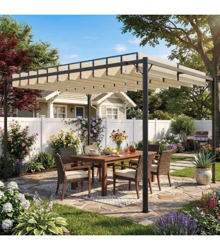 Pérgola de Jardín 3x4 m con Protección UPF 50+ Gazebo con Techo Ajustable Estructura de Metal para Exterior Crema