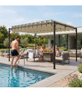 Pérgola de Jardín 3x4 m con Protección UPF 50+ Gazebo con Techo Ajustable Estructura de Metal para Exterior Crema