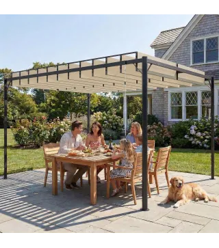 Pérgola de Jardín 3x4 m con Protección UPF 50+ Gazebo con Techo Ajustable Estructura de Metal para Exterior Crema