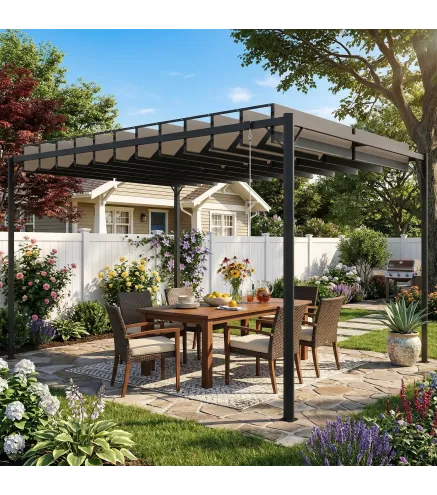 Pérgola de Jardín 3x4 m con Protección UPF 50+ Gazebo con Techo Ajustable Estructura de Metal para Exterior Gris Oscuro