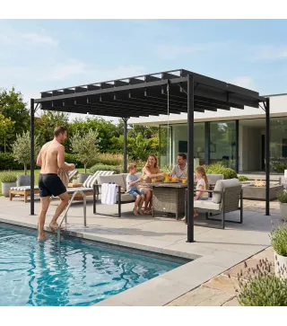 Pérgola de Jardín 3x4 m con Protección UPF 50+ Gazebo con Techo Ajustable Estructura de Metal para Exterior Gris Oscuro