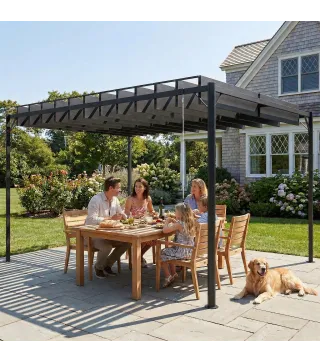 Pérgola de Jardín 3x4 m con Protección UPF 50+ Gazebo con Techo Ajustable Estructura de Metal para Exterior Gris Oscuro