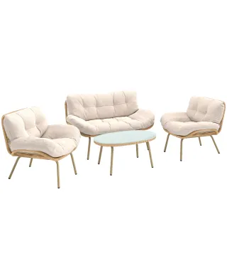 Conjunto de Muebles de Jardín de Rattán de 4 Piezas con Cojines Sofá 2 Sillones y Mesa de Centro Beige