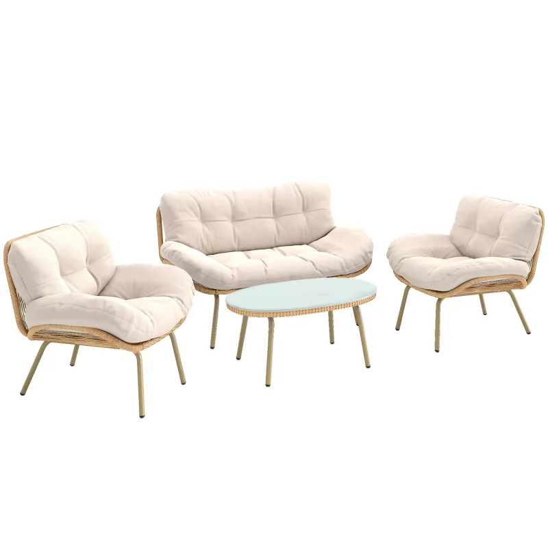 Conjunto de Muebles de Jardín de Rattán de 4 Piezas con Cojines Sofá 2 Sillones y Mesa de Centro Beige
