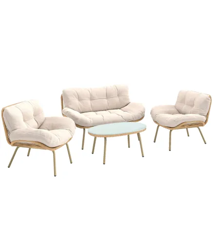 Conjunto de Muebles de Jardín de Rattán de 4 Piezas con Cojines Sofá 2 Sillones y Mesa de Centro Beige