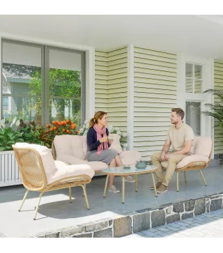 Conjunto de Muebles de Jardín de Rattán de 4 Piezas con Cojines Sofá 2 Sillones y Mesa de Centro Beige