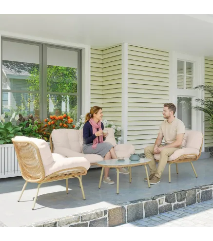 Conjunto de Muebles de Jardín de Rattán de 4 Piezas con Cojines Sofá 2 Sillones y Mesa de Centro Beige