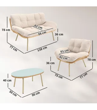 Conjunto de Muebles de Jardín de Rattán de 4 Piezas con Cojines Sofá 2 Sillones y Mesa de Centro Beige