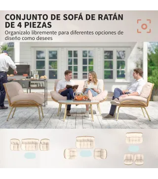 Conjunto de Muebles de Jardín de Rattán de 4 Piezas con Cojines Sofá 2 Sillones y Mesa de Centro Beige