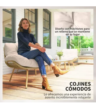 Conjunto de Muebles de Jardín de Rattán de 4 Piezas con Cojines Sofá 2 Sillones y Mesa de Centro Beige