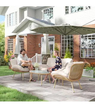 Conjunto de Muebles de Jardín de Rattán de 4 Piezas con Cojines Sofá 2 Sillones y Mesa de Centro Beige