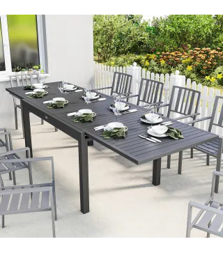 Mesa de Comedor Exterior Extensible 135/270 cm para 6-10 Personas de Aluminio con Tapa de Listones Gris Oscuro