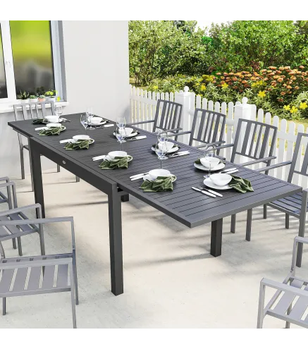 Mesa de Comedor Exterior Extensible 135/270 cm para 6-10 Personas de Aluminio con Tapa de Listones Gris Oscuro