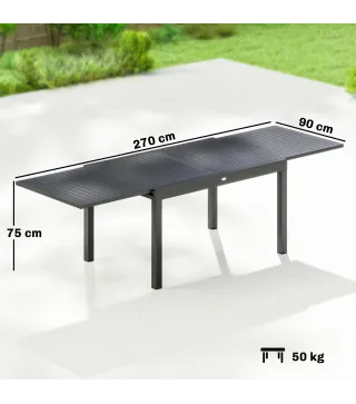 Mesa de Comedor Exterior Extensible 135/270 cm para 6-10 Personas de Aluminio con Tapa de Listones Gris Oscuro