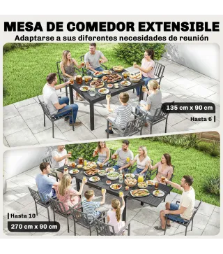 Mesa de Comedor Exterior Extensible 135/270 cm para 6-10 Personas de Aluminio con Tapa de Listones Gris Oscuro