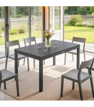 Mesa de Comedor Exterior Extensible 135/270 cm para 6-10 Personas de Aluminio con Tapa de Listones Gris Oscuro