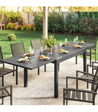 Mesa de Comedor Exterior Extensible 135/270 cm para 6-10 Personas de Aluminio con Tapa de Listones Gris Oscuro
