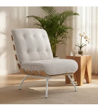 Butaca de Salón Tapizada en Lino con Asiento Acolchado Soporte con Listones Estructura de Acero Crema