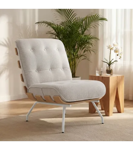 Butaca de Salón Tapizada en Lino con Asiento Acolchado Soporte con Listones Estructura de Acero Crema