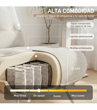 Butaca de Salón Tapizada en Lino con Asiento Acolchado Soporte con Listones Estructura de Acero Crema