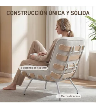 Butaca de Salón Tapizada en Lino con Asiento Acolchado Soporte con Listones Estructura de Acero Crema