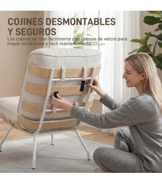 Butaca de Salón Tapizada en Lino con Asiento Acolchado Soporte con Listones Estructura de Acero Crema