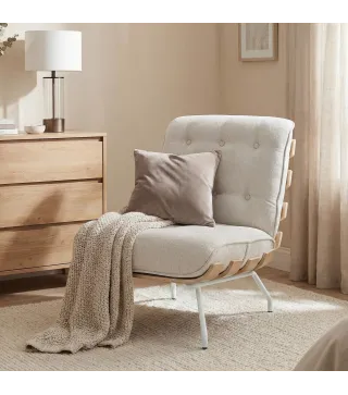 Butaca de Salón Tapizada en Lino con Asiento Acolchado Soporte con Listones Estructura de Acero Crema