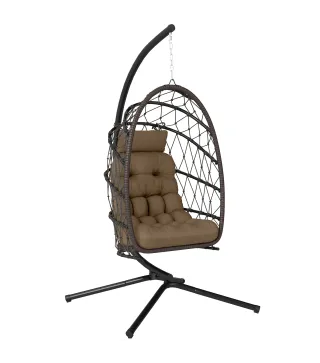 Silla Colgante Huevo con Soporte Cesta Plegable Cojín Reposacabezas Funda Protectora y Cuerda Carga 120 kg Marrón