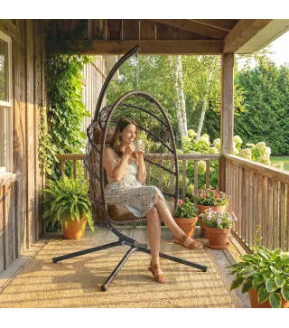 Silla Colgante Huevo con Soporte Cesta Plegable Cojín Reposacabezas Funda Protectora y Cuerda Carga 120 kg Marrón