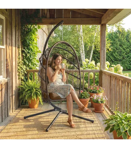 Silla Colgante Huevo con Soporte Cesta Plegable Cojín Reposacabezas Funda Protectora y Cuerda Carga 120 kg Marrón