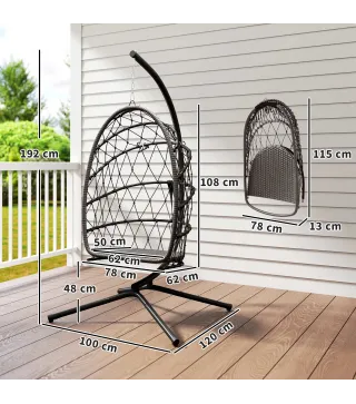 Silla Colgante Huevo con Soporte Cesta Plegable Cojín Reposacabezas Funda Protectora y Cuerda Carga 120 kg Marrón