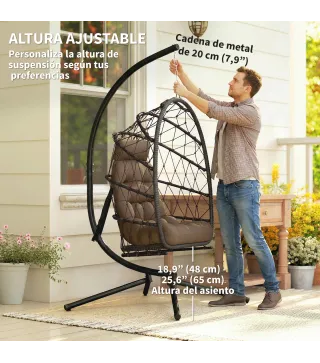 Silla Colgante Huevo con Soporte Cesta Plegable Cojín Reposacabezas Funda Protectora y Cuerda Carga 120 kg Marrón